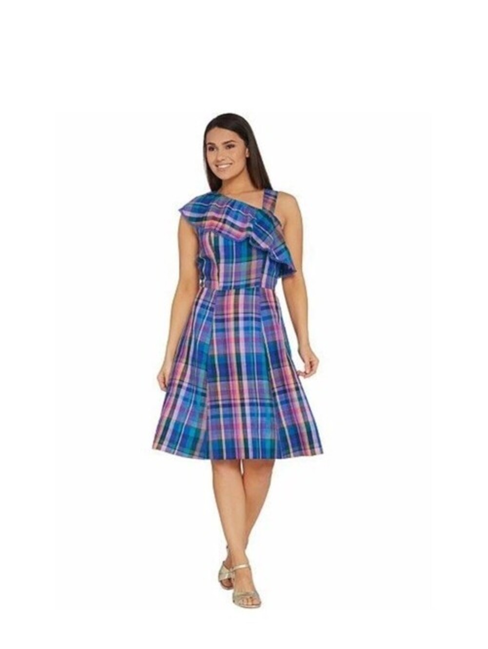 Isaac Mizrahi Live One Shoulder Madras Plaid Dress Deep Sea Size 4 Boho